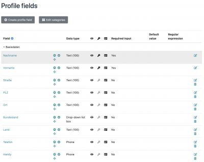 List of the configuration of profile fields