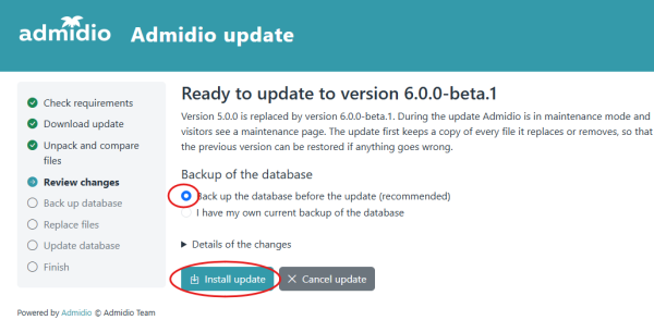 Overview of the changes and choice of the database backup