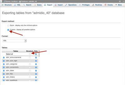 Export settings 1 from phpMyAdmin